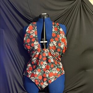 Black Skull & Red Rose Halter One-Piece Swimsuit